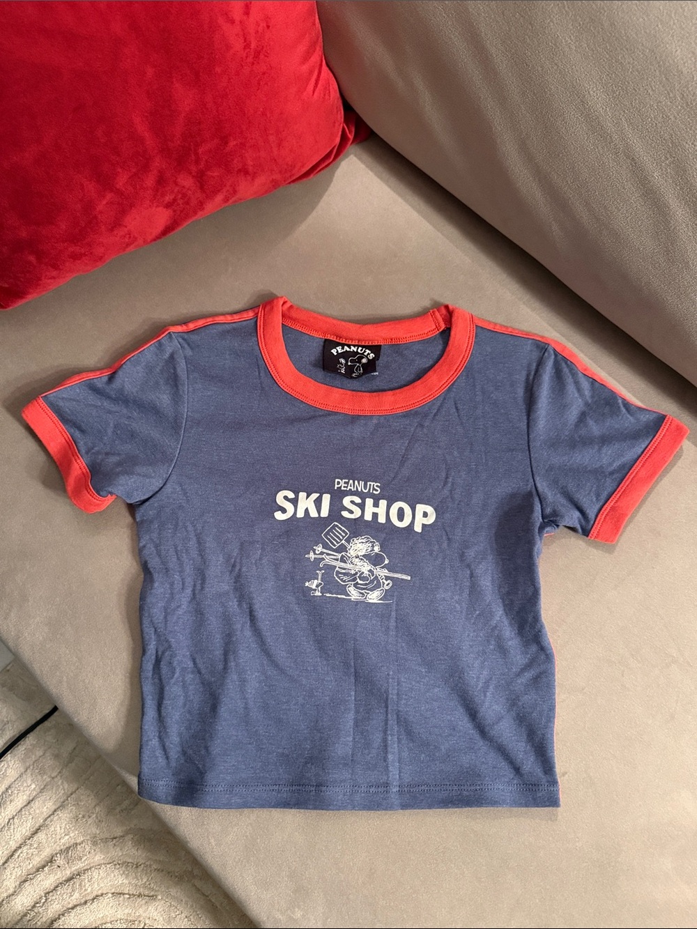 Peanuts Blue Tee with Red Trim Ski Shop Graphic
